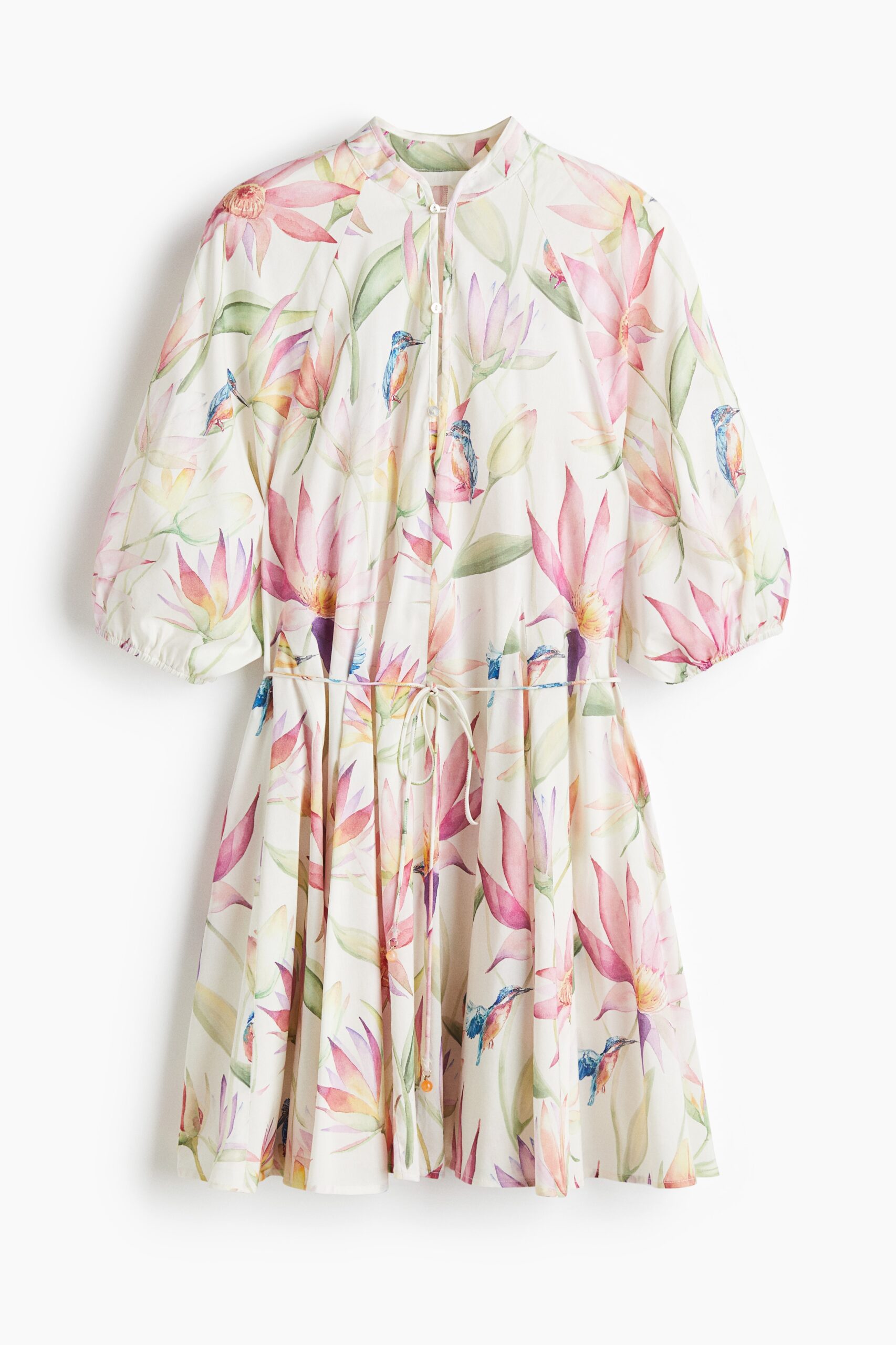 H & M - Jurk met strikceintuur - Wit/Bloemen