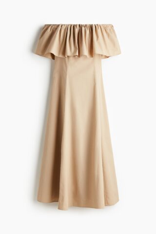 H & M - Off-the-shoulderjurk met volant - Beige
