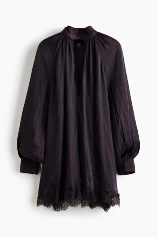 H & M - Jurk met ballonmouwen en kant - Donkerpaars