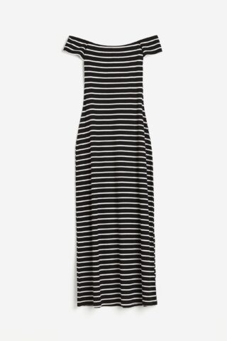 H & M - Ribgebreide off-the-shoulderjurk - Zwart/Gestreept