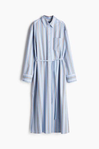 H & M - Overhemdjurk met strikceintuur - Lichtblauw/Gestreept