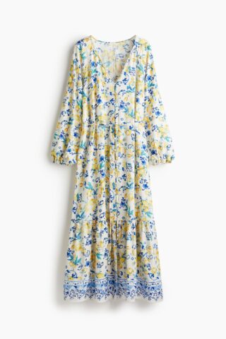 H & M - Jurk met strikceintuur - Wit/Citroenen