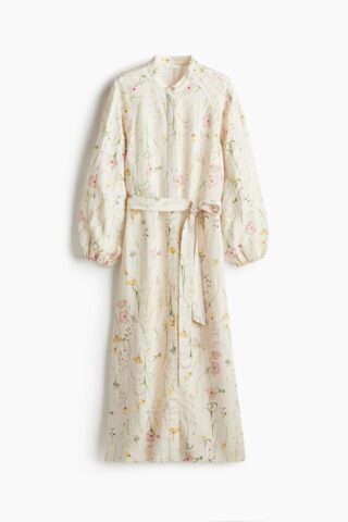 H & M - Jurk van linnenmix met strikceintuur - Roomwit/Bloemen