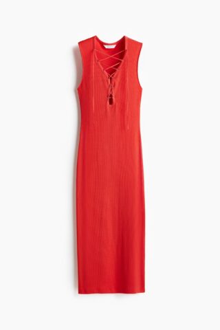 H & M - Geribde jurk met rijgsluiting - Rood