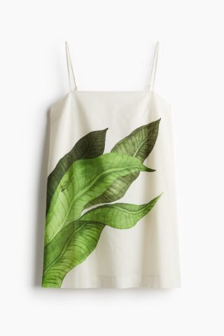 H & M - Strappy jurk van linnenmix - Wit/Bladeren