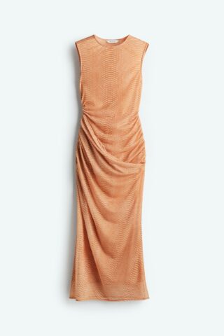 H & M - Gedrapeerde jurk van mesh - Beige/Slangenleerdessin