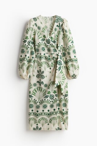 H & M - Katoenen overslagjurk - Roomwit/Groen Dessin