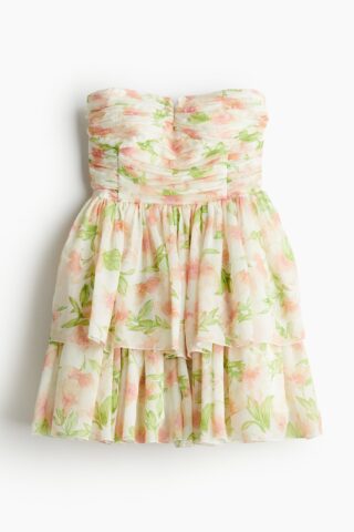 H & M - Bandeaujurk met uitlopende rok - Wit/Bloemen