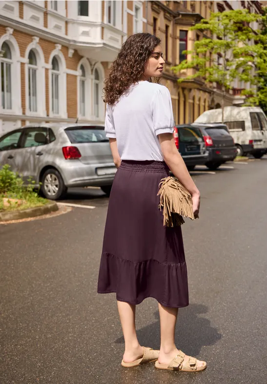 Midi-rok met volant en elastische tailleband