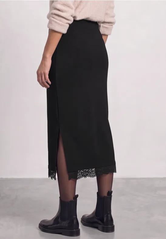 Midi-rok in effen kleur met kanten rand